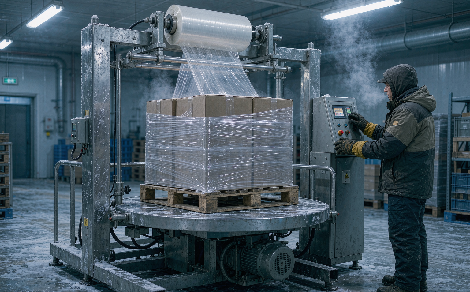 Worker in thermal clothing operating a rotary stretch wrapping machine inside a cold storage room