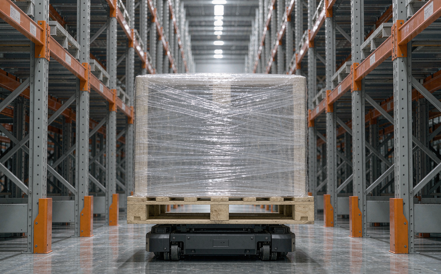 AGV carrying a tightly stretch-wrapped pallet with a clean profile through an automated warehouse aisle