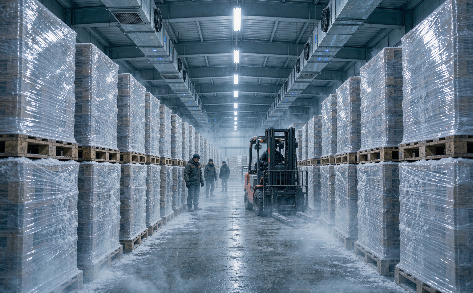 Rows of pallets wrapped in transparent stretch film inside a large freezer warehouse with light frost on the film surface