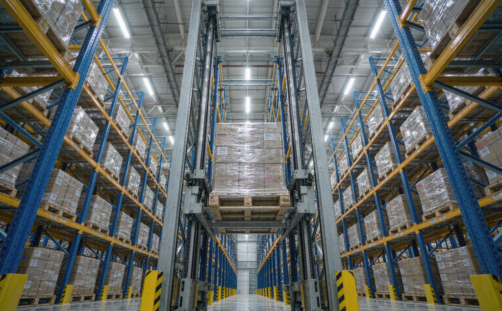 Automated stacker crane retrieving a stretch-wrapped pallet between towering high-bay storage racks