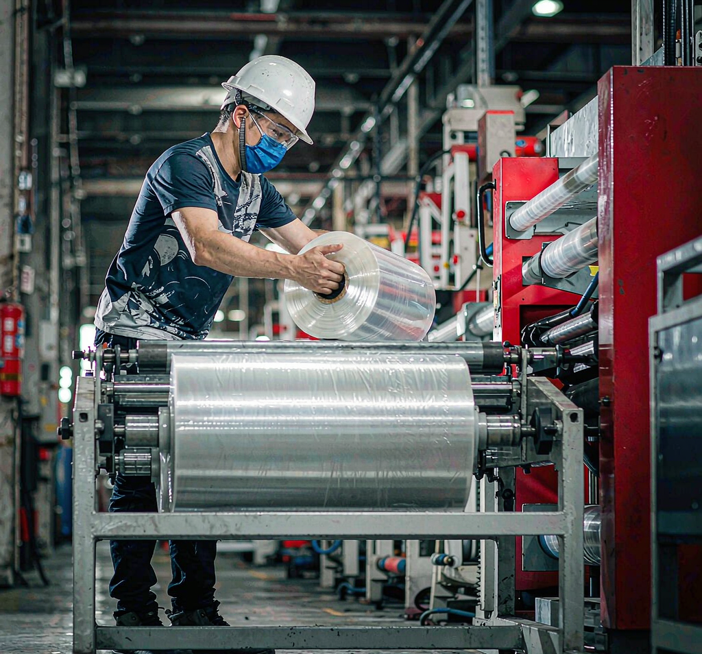 Quality technician inspecting a roll of machine stretch film under bright factory lighting