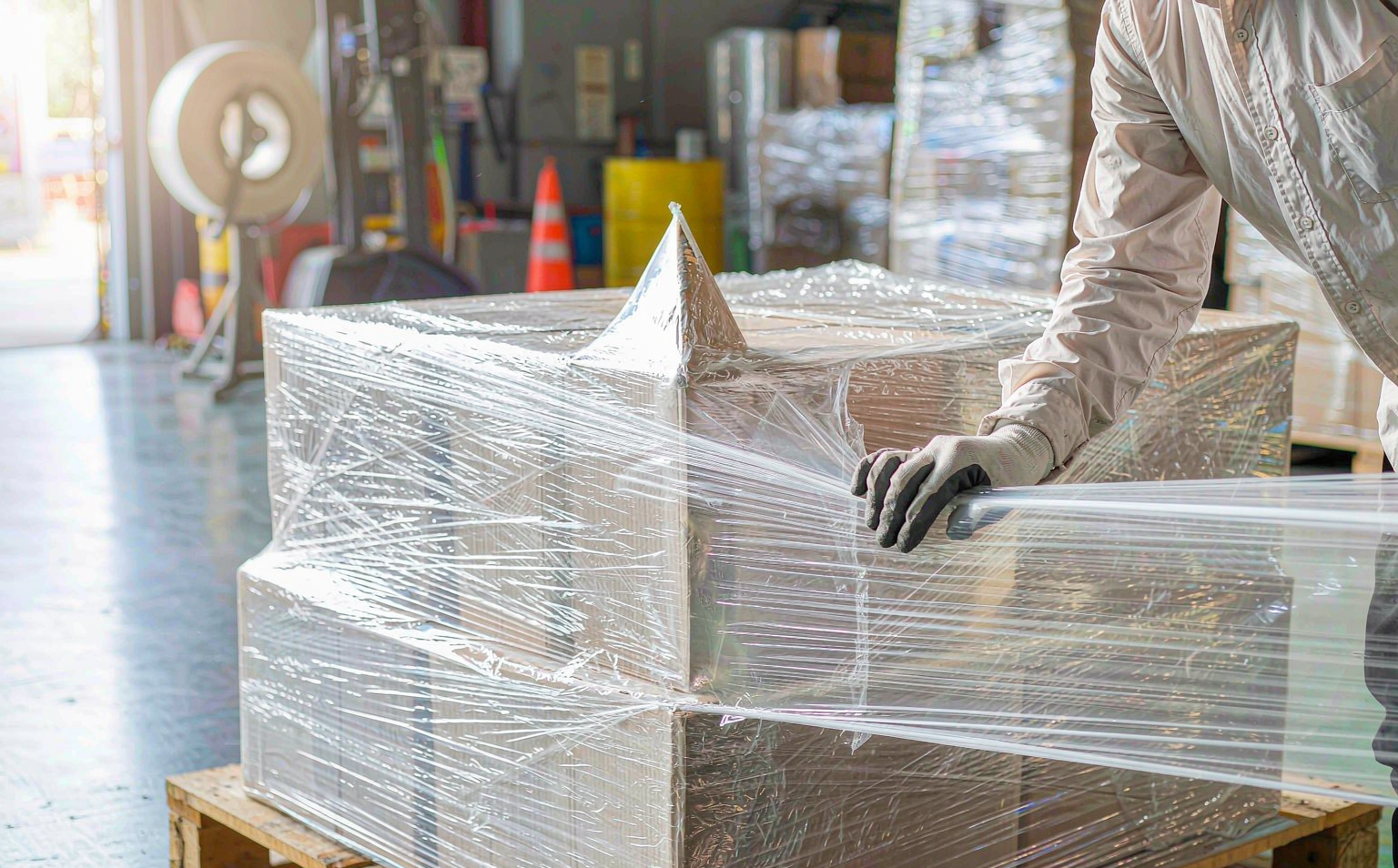 Worker stretching transparent stretch film by hand to demonstrate tensile strength and puncture resistance
