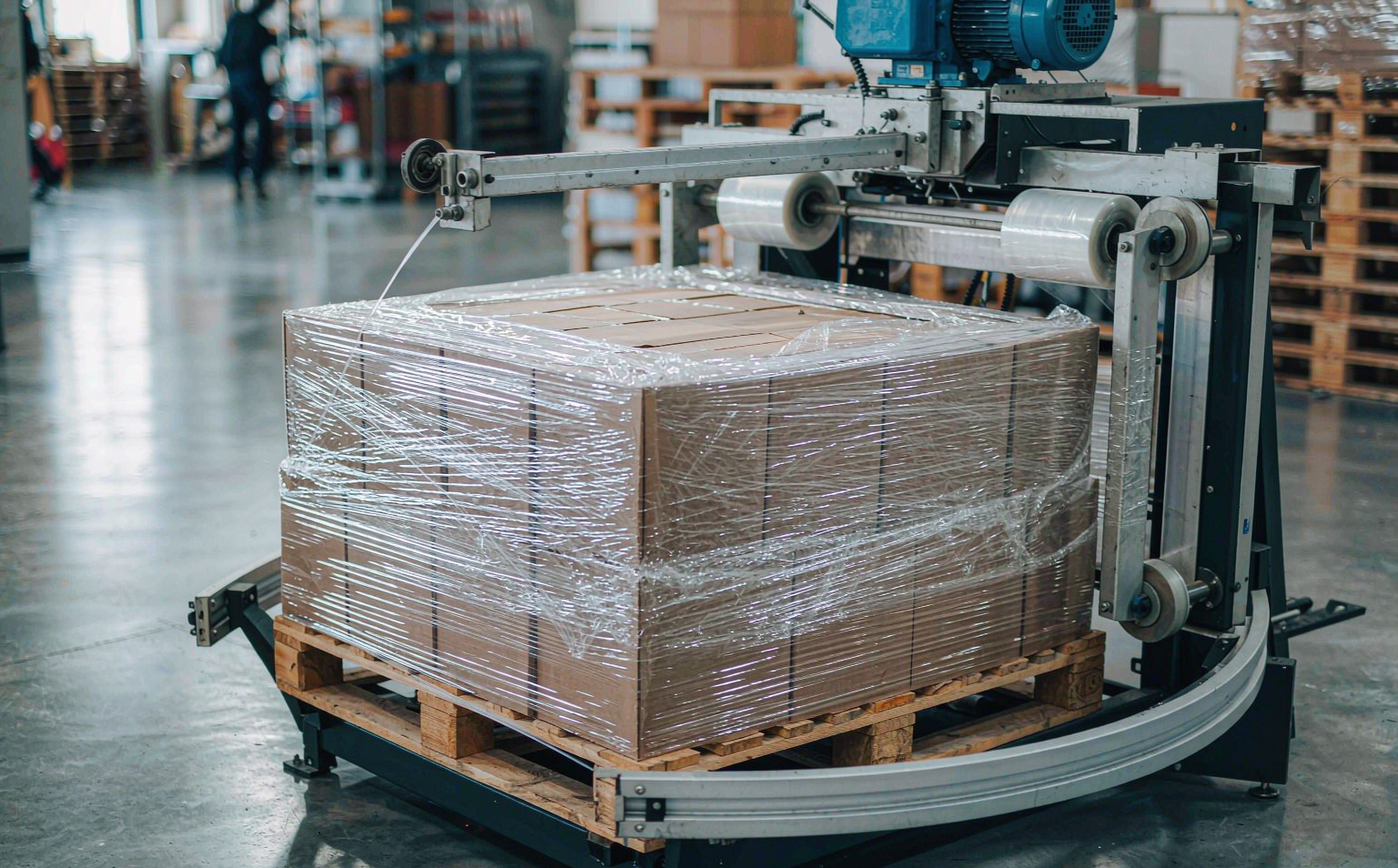 Pallet of boxes being wrapped in transparent machine stretch film on an automatic rotary stretch wrapper