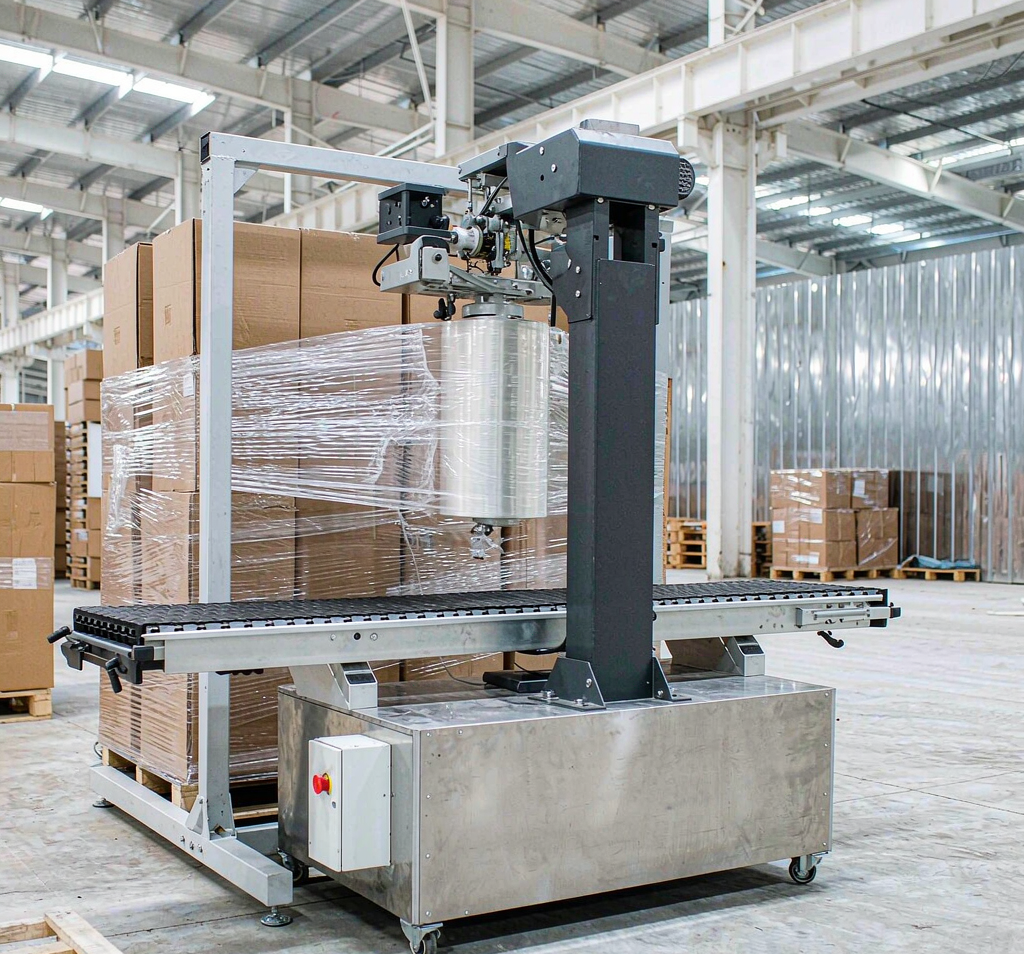 Automated pallet wrapping machine applying clear stretch film to stacked cartons in a distribution warehouse