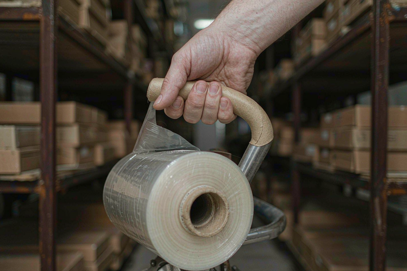 Close-up of a worker's hand gripping the protruding cardboard handle of an extended core hand stretch film roll