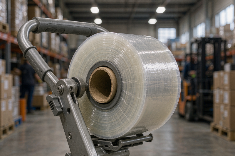 Close-up of a standard core hand stretch film roll mounted on an ergonomic dispenser with an adjustable handle