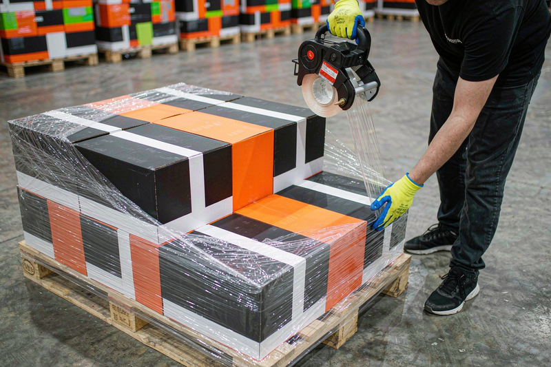 Warehouse worker applying hand stretch film to a pallet of stacked cartons in a distribution centre