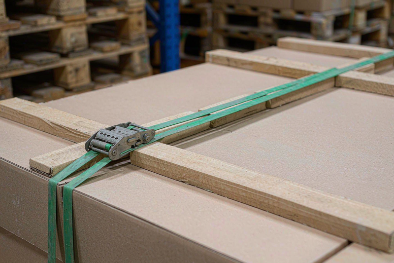 Close-up of polyester strapping bands tensioned across a heavy industrial pallet load with edge protection