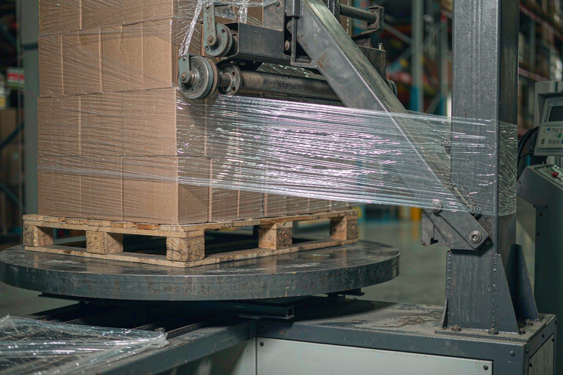 Close-up of an automatic rotary stretch wrapper applying pre-stretched film to a palletized load