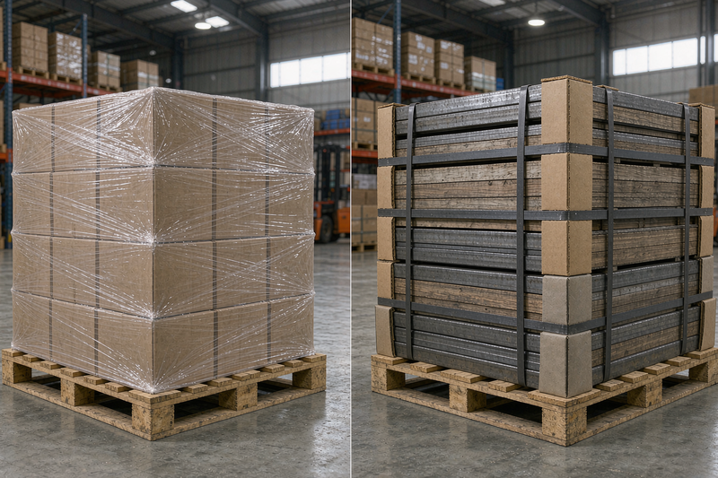 Side-by-side view of a stretch-wrapped pallet and a strapped pallet on a warehouse floor